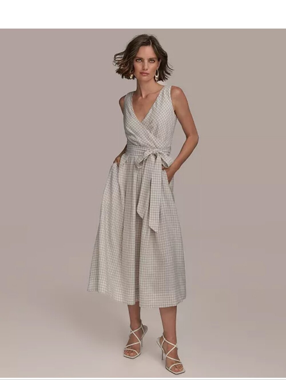 Donna Karan Linen Blend Gingham Wrap Midi Dress Size 2 Beige Belted $189